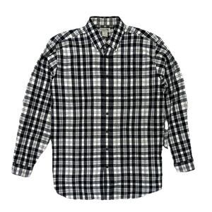 LL Bean Mens Flannel Button Up Long Sleeve Shirt Plaid Black White XL Tall